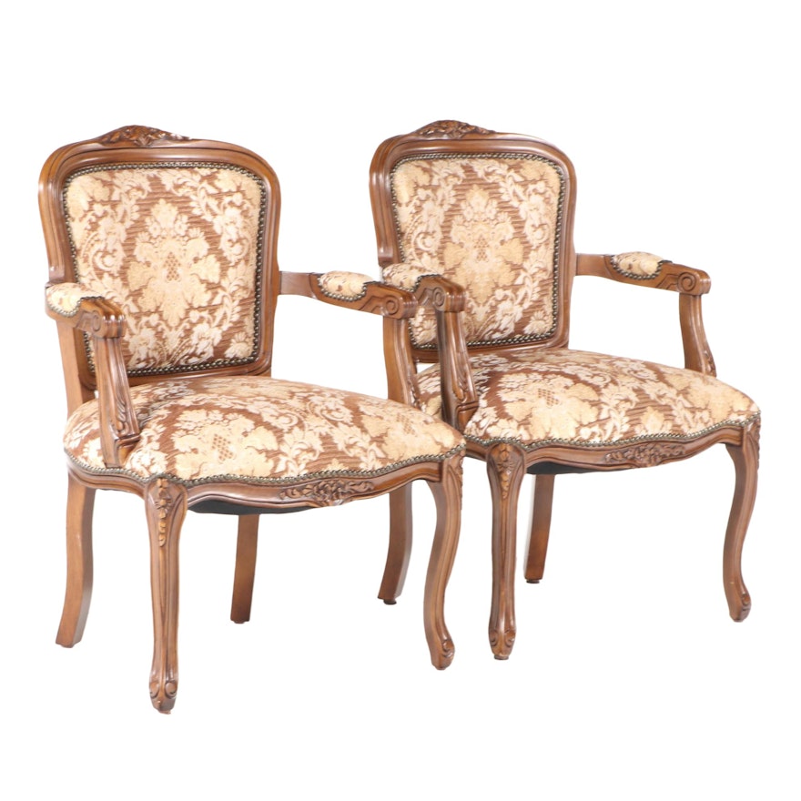 Pair of Louis XV Style Fruitwood-Stained and Upholstered Fauteuils