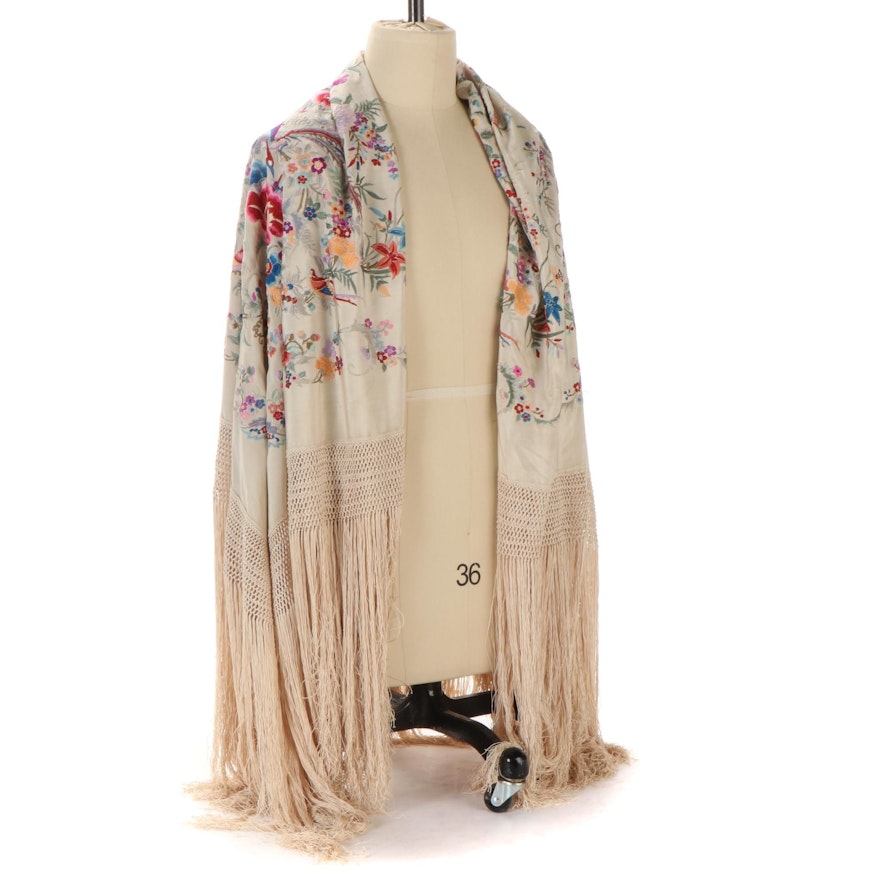 Embroidered Floral and Bird Motif Piano Shawl