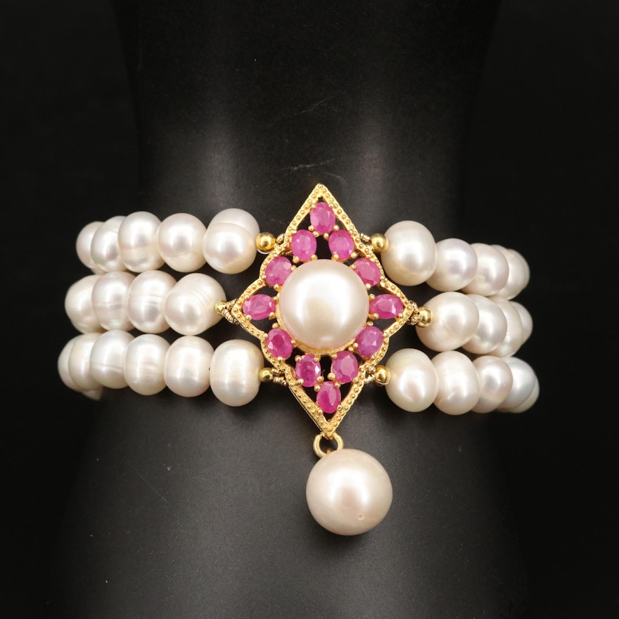 Triple Strand Pearl and Ruby Bracelet with Sterling Silver Clasp