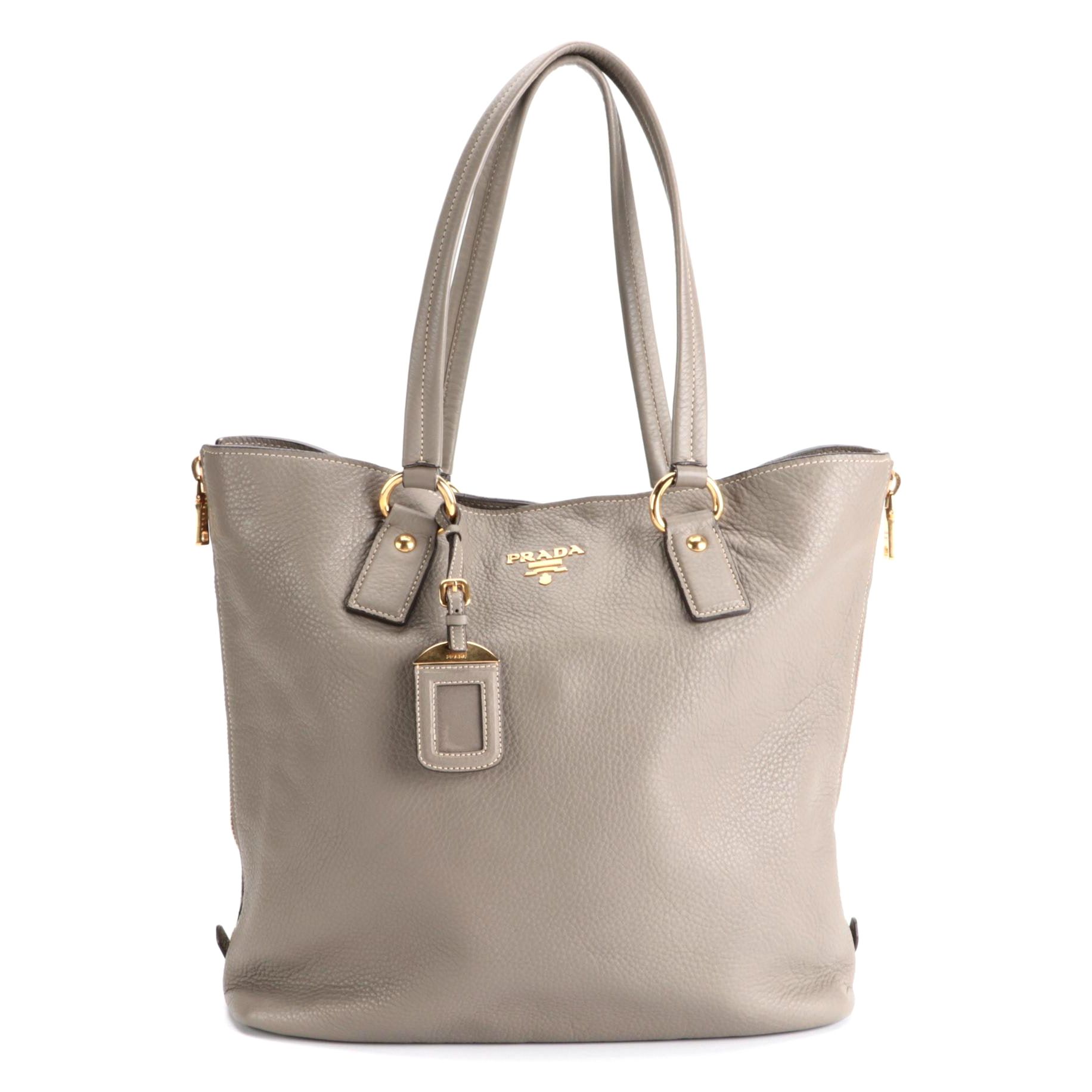 Prada Grey Vitello Daino Leather Side Zip Tote