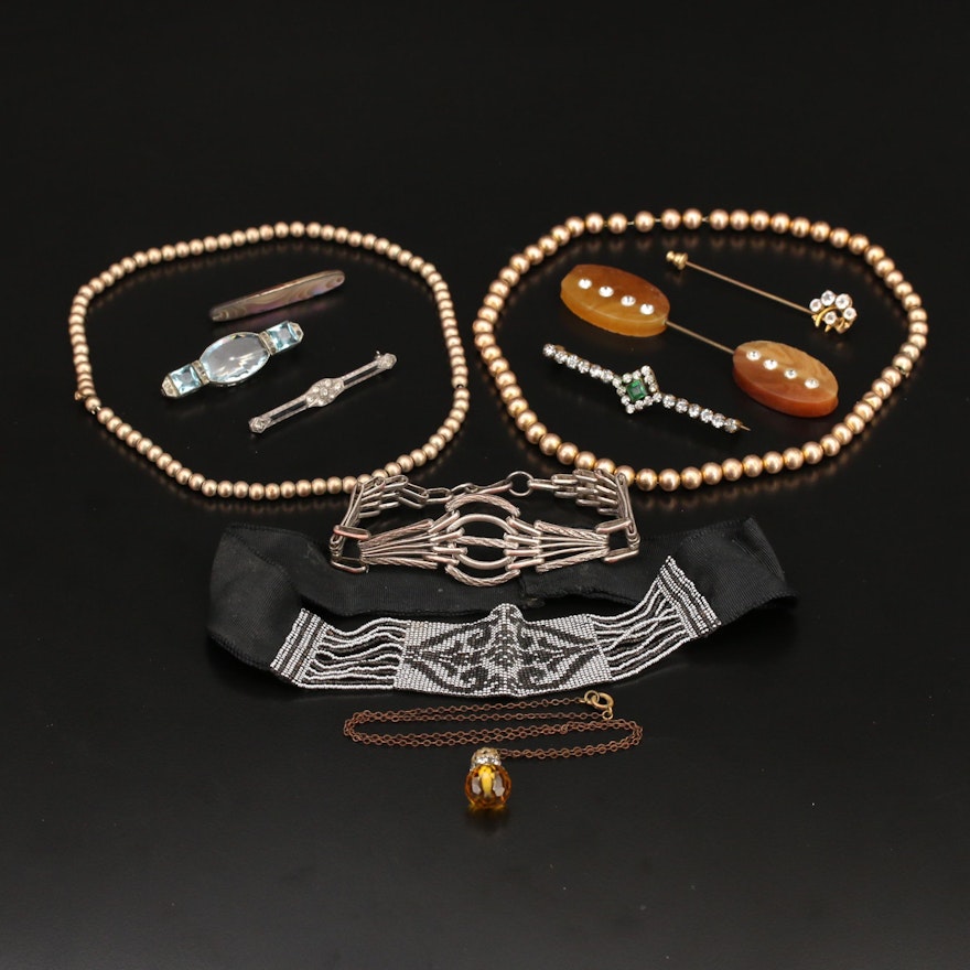 Vintage Jewelry Including Abalone, Rhinestone and Gemstone