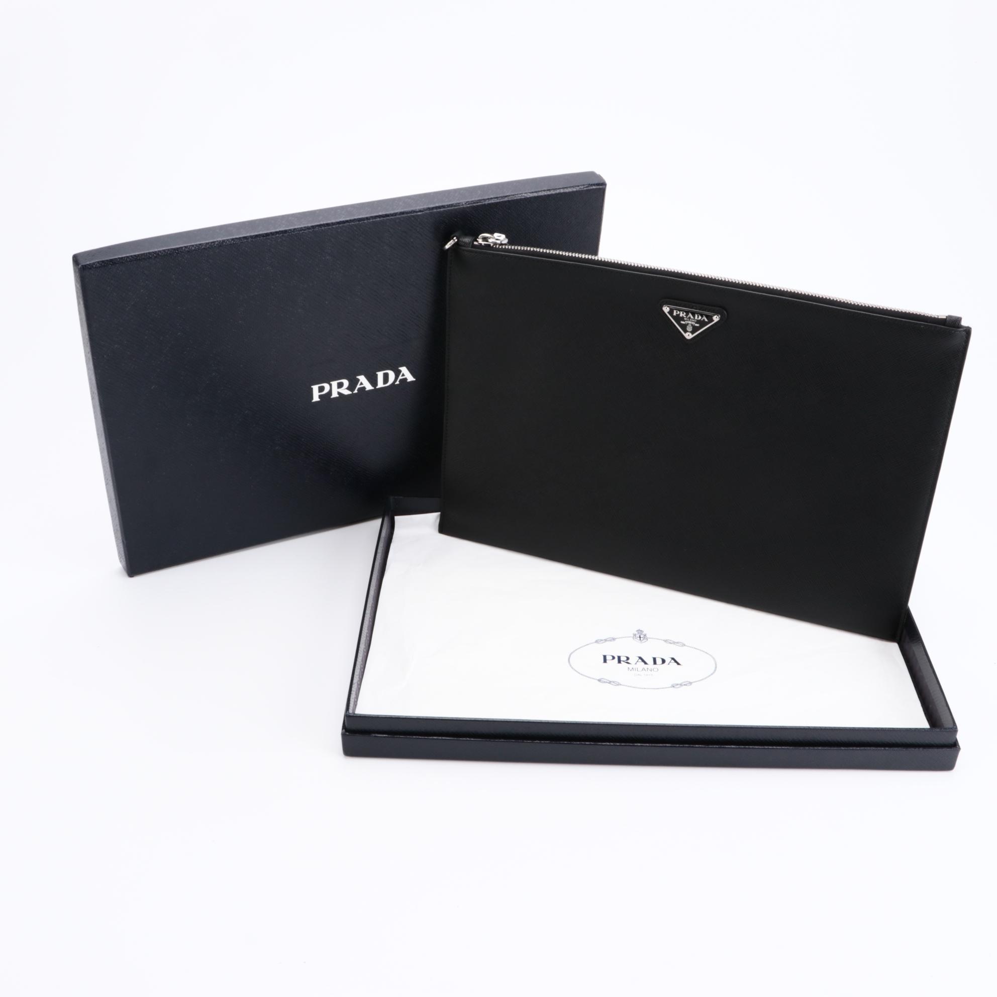 Prada Zip Portfolio Case in Black Saffiano Leather