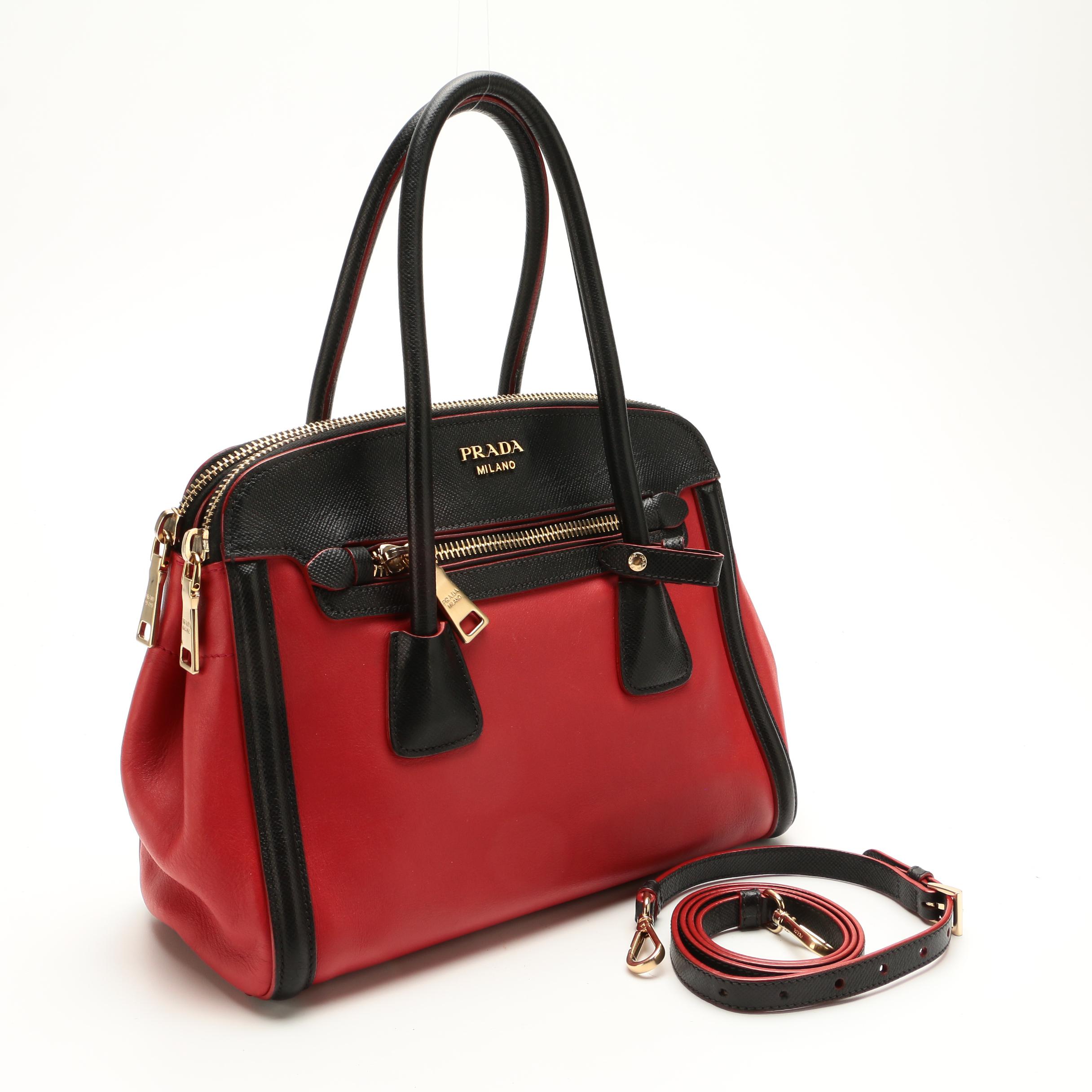 Prada Double-Zip Tote in Red Leather with Black Saffiano Leather Trim