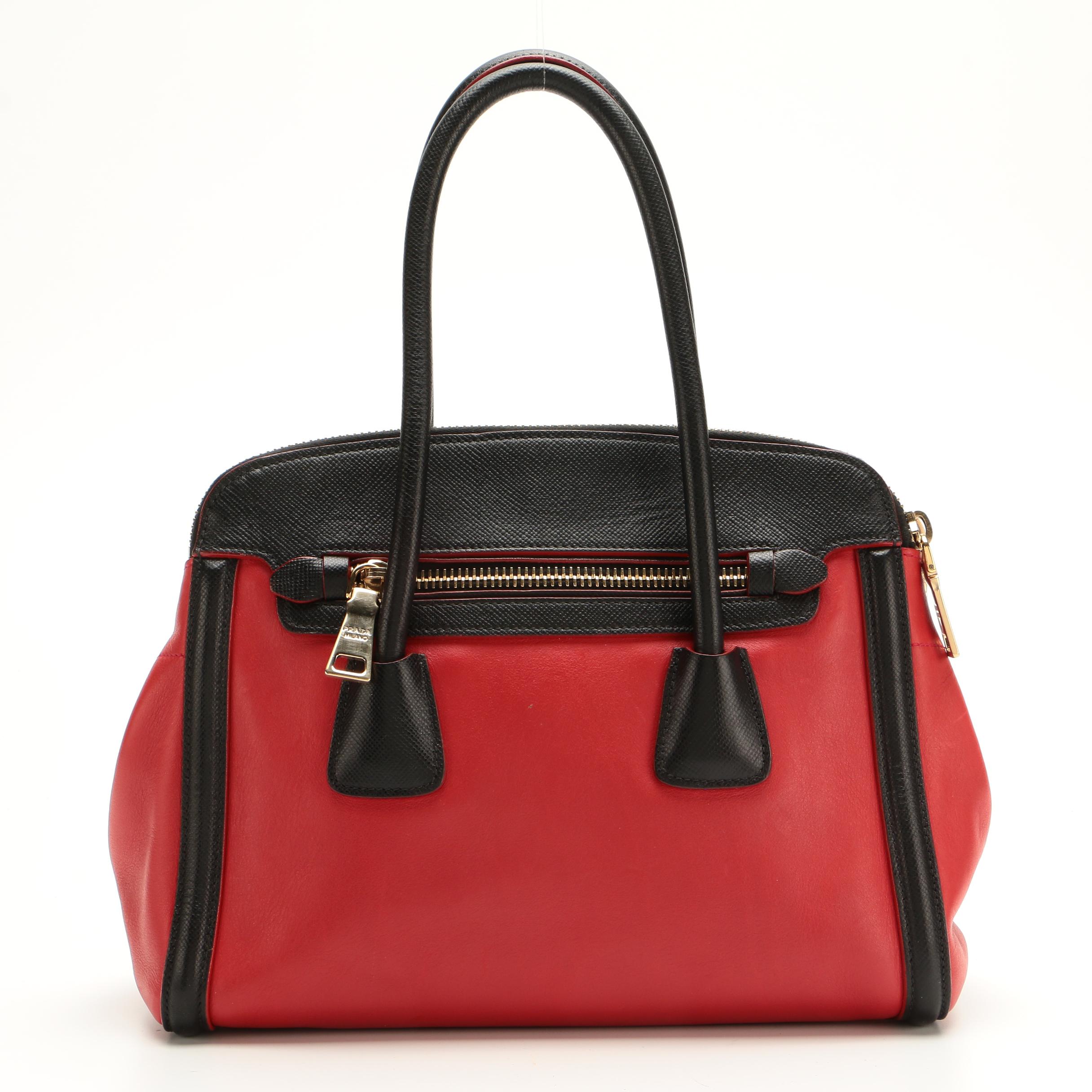 Prada Double-Zip Tote in Red Leather with Black Saffiano Leather Trim