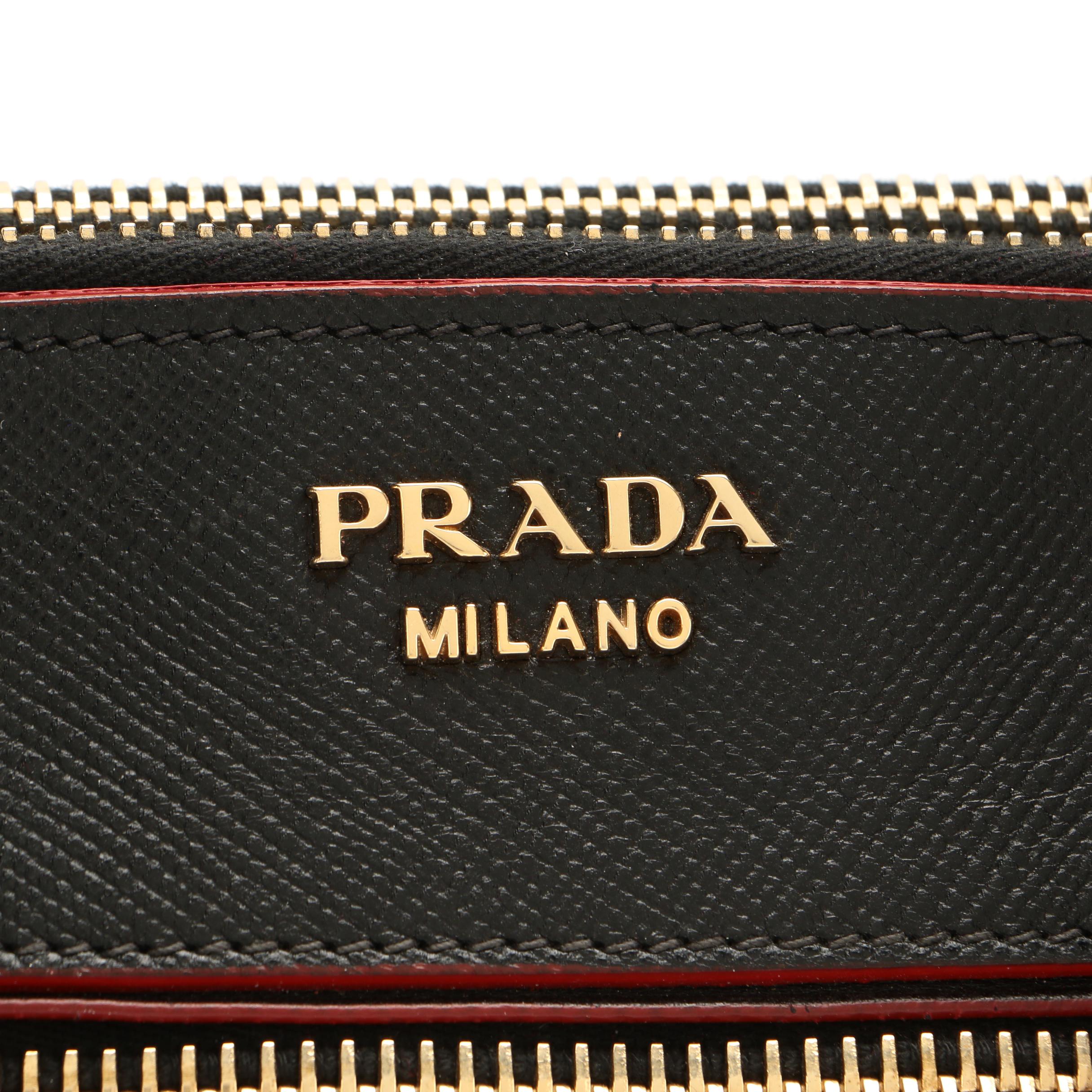 Prada Double-Zip Tote in Red Leather with Black Saffiano Leather Trim