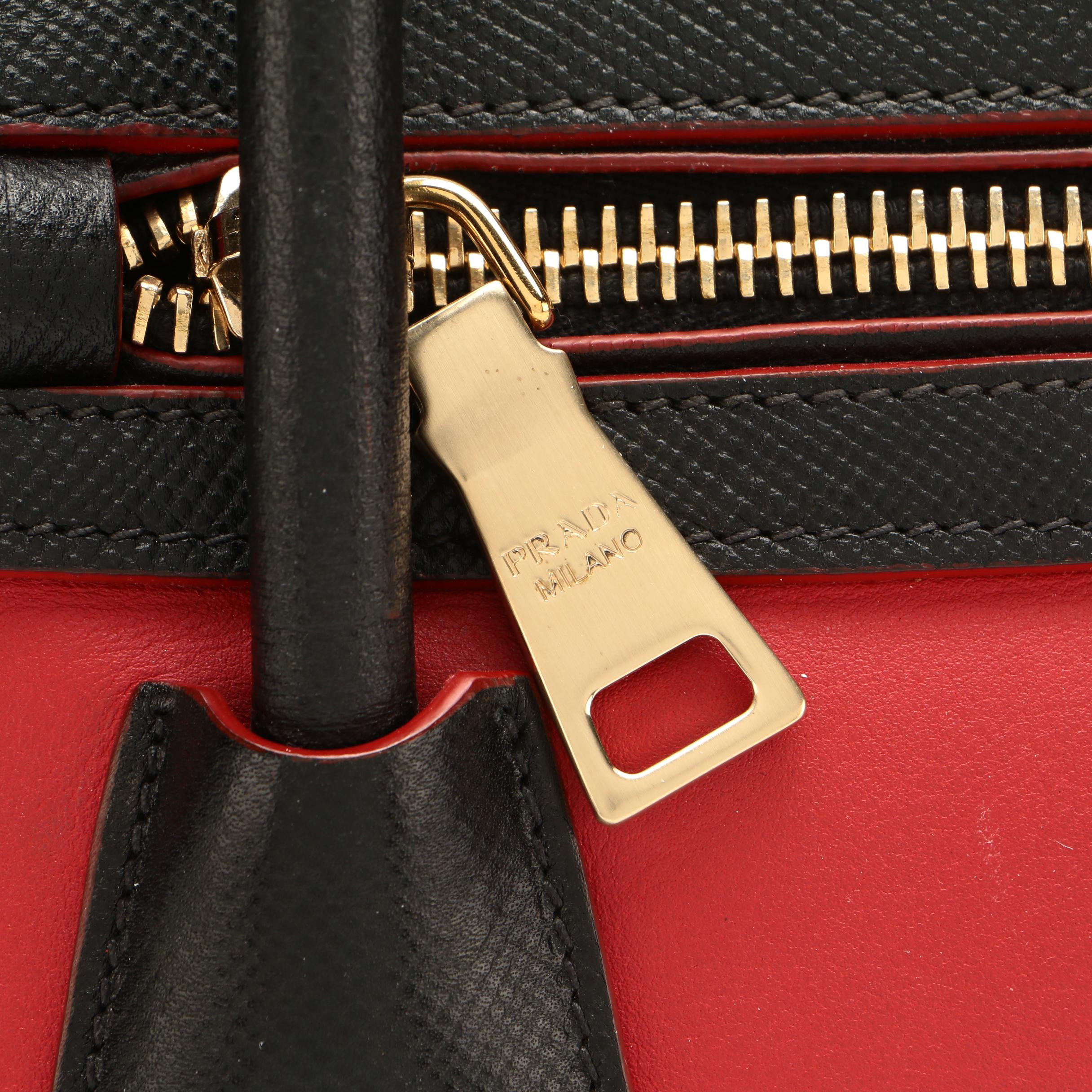 Prada Double-Zip Tote in Red Leather with Black Saffiano Leather Trim