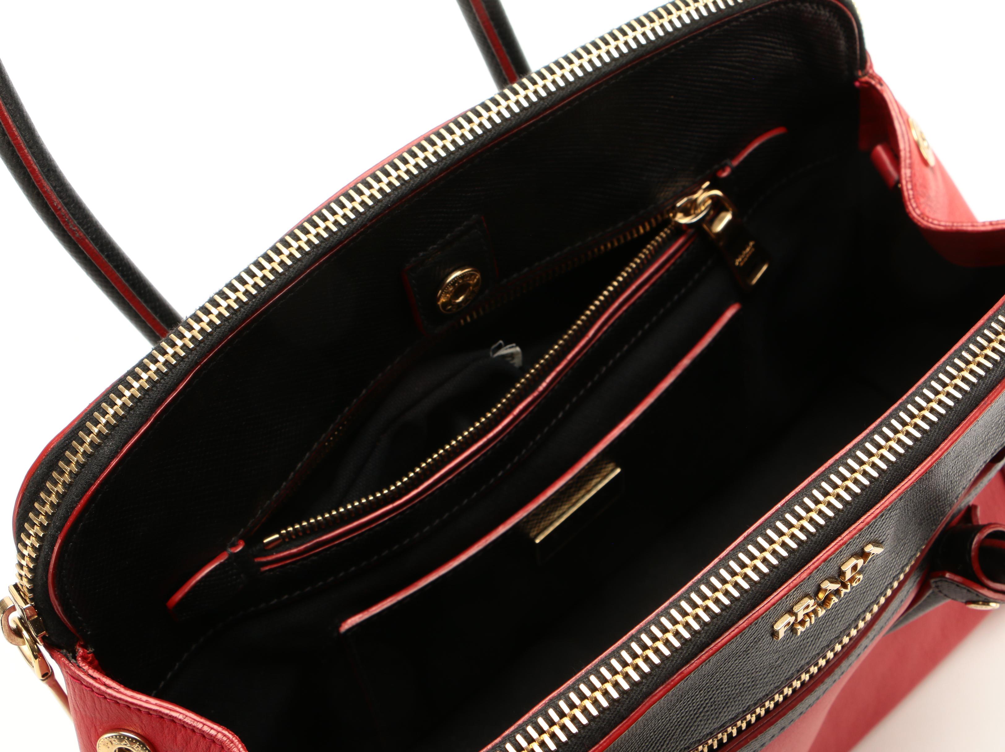 Prada Double-Zip Tote in Red Leather with Black Saffiano Leather Trim