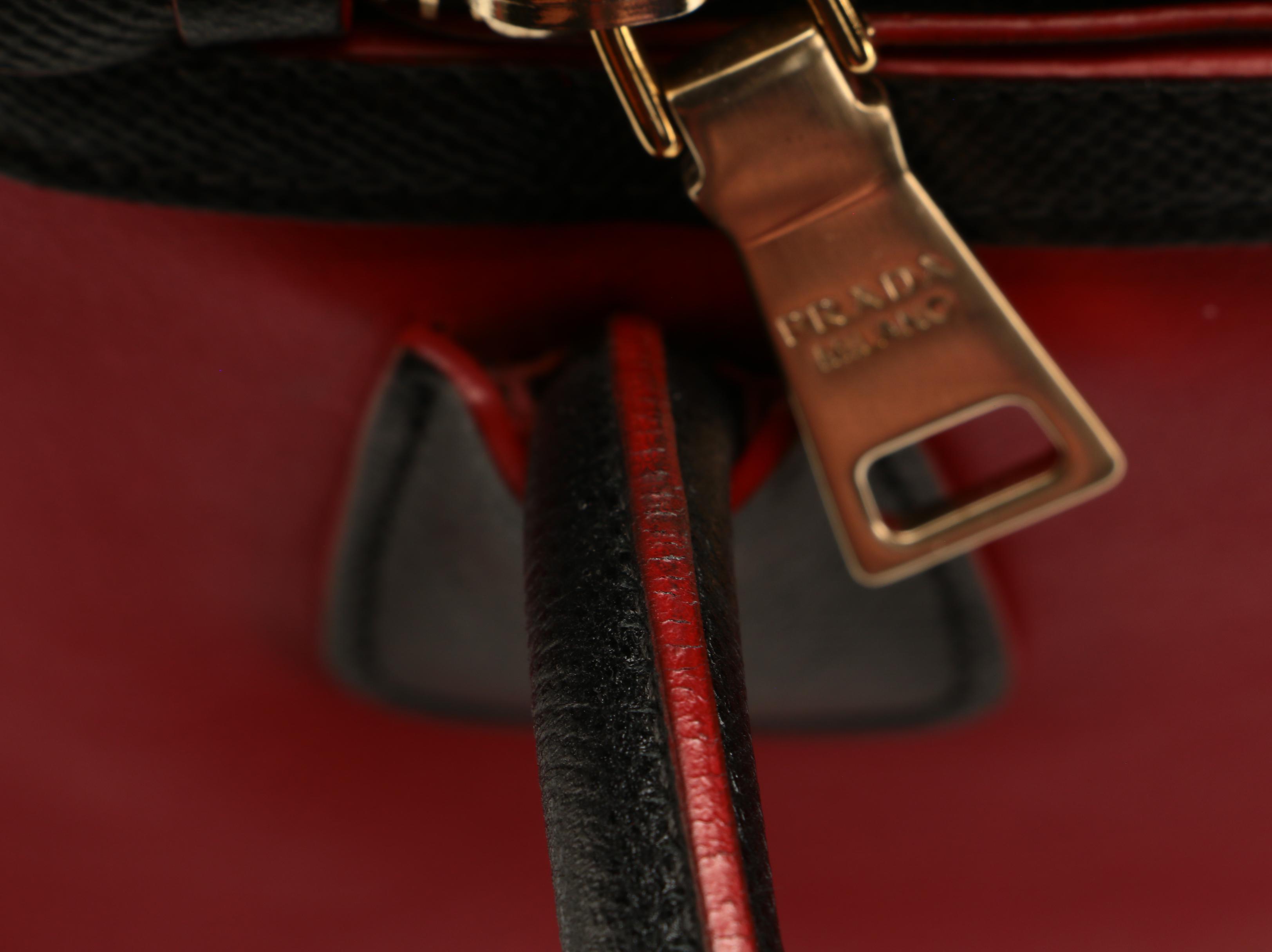 Prada Double-Zip Tote in Red Leather with Black Saffiano Leather Trim