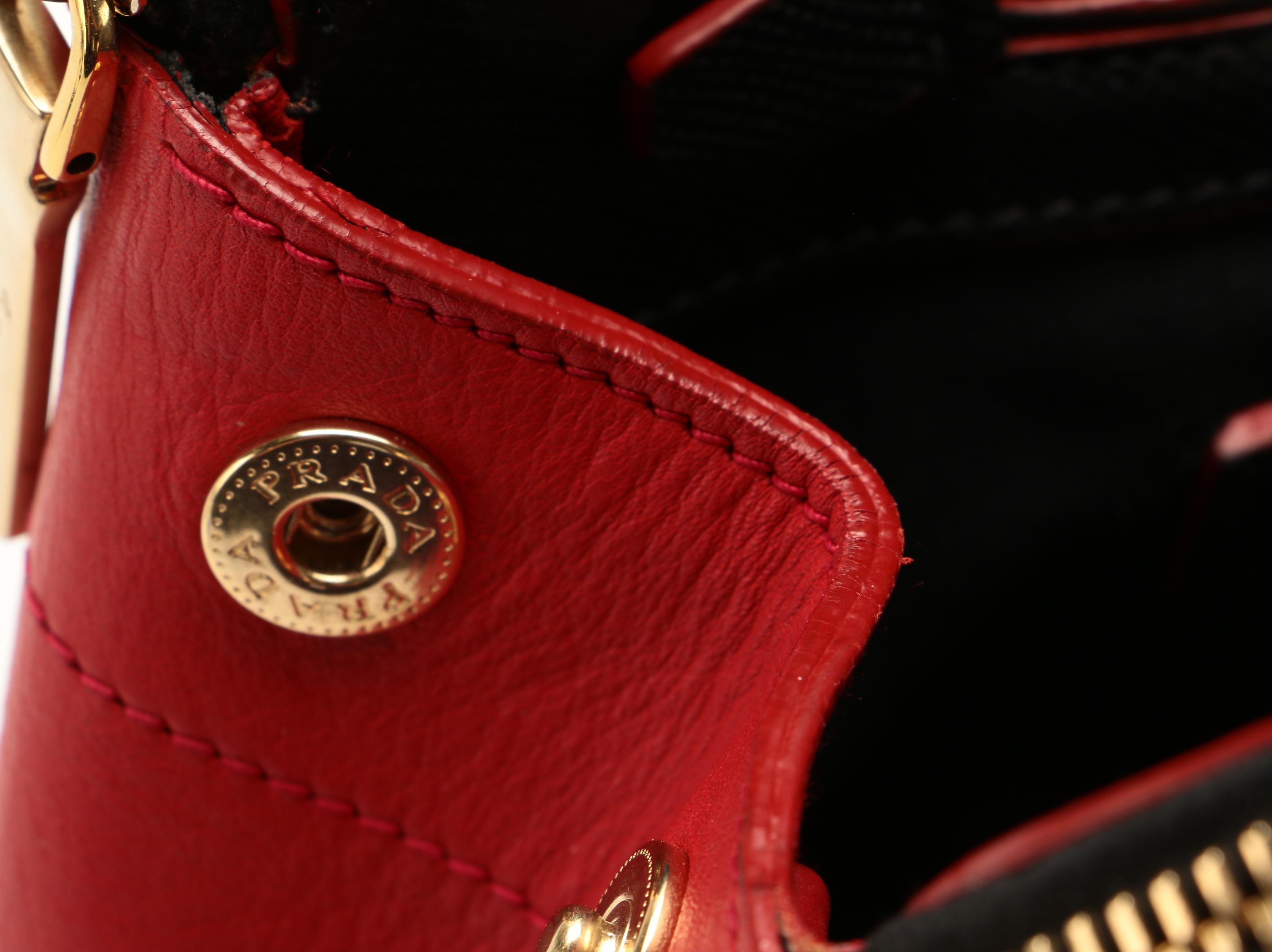 Prada Double-Zip Tote in Red Leather with Black Saffiano Leather Trim