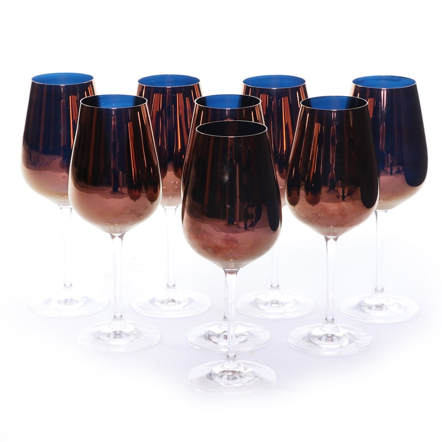 Copper Luster Blue Glass Wine Glasses, Late 20th Century