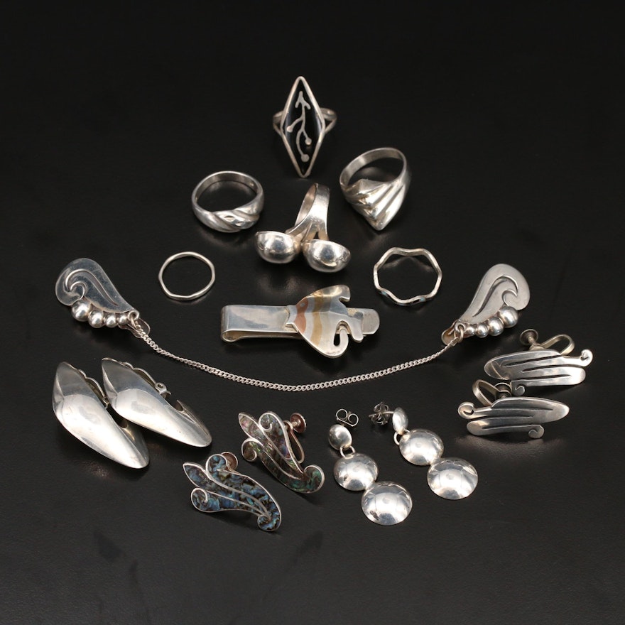 Sterling Jewelry Including Vintage Sweater Clips, Abalone and Mexican Sterling