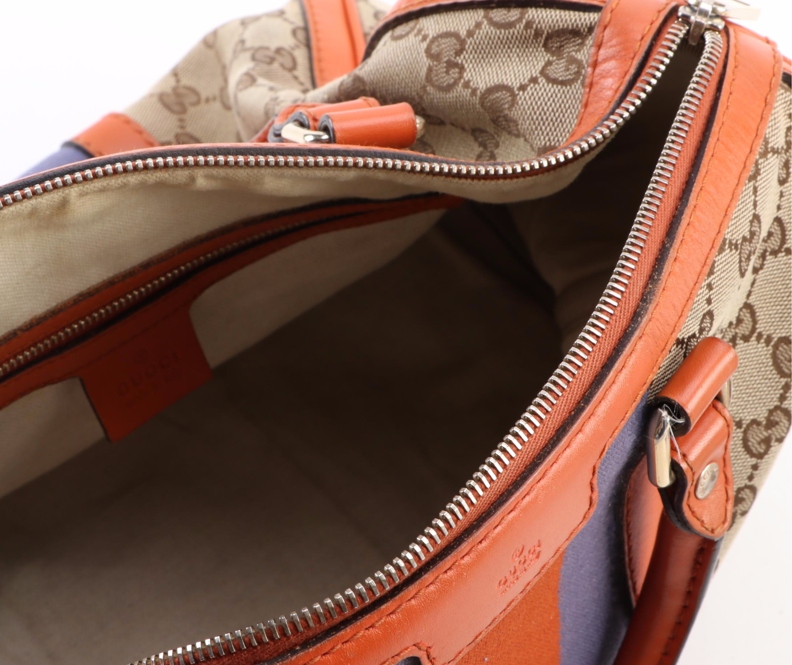 Gucci Boston Bag in GG Canvas with Orange Leather Trim