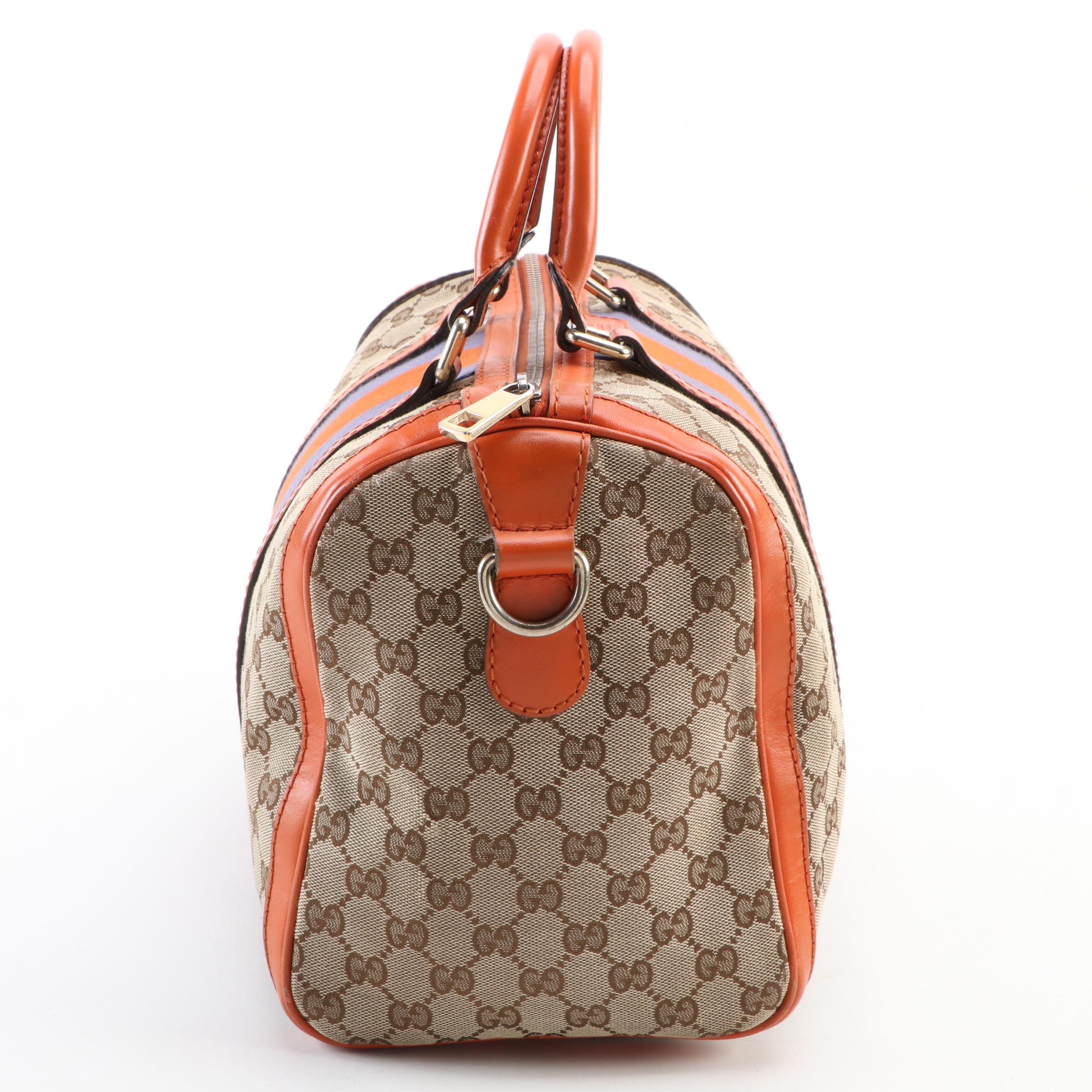 Gucci Boston Bag in GG Canvas with Orange Leather Trim