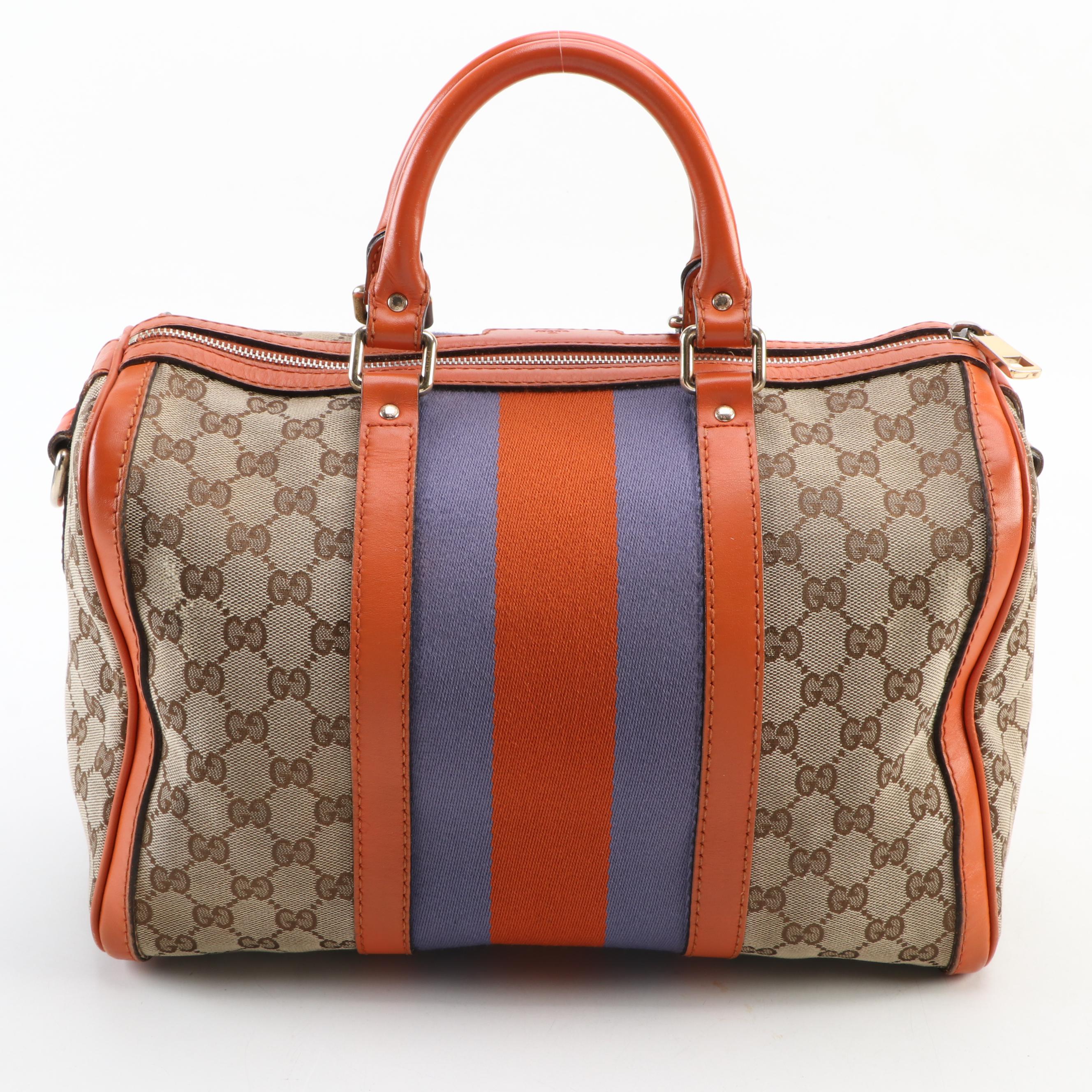 Gucci Boston Bag in GG Canvas with Orange Leather Trim