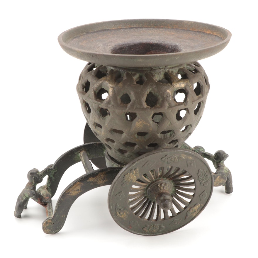 Japanese Cast Iron Train Cart Garden Candle Lantern, Mid to Late 20th Century