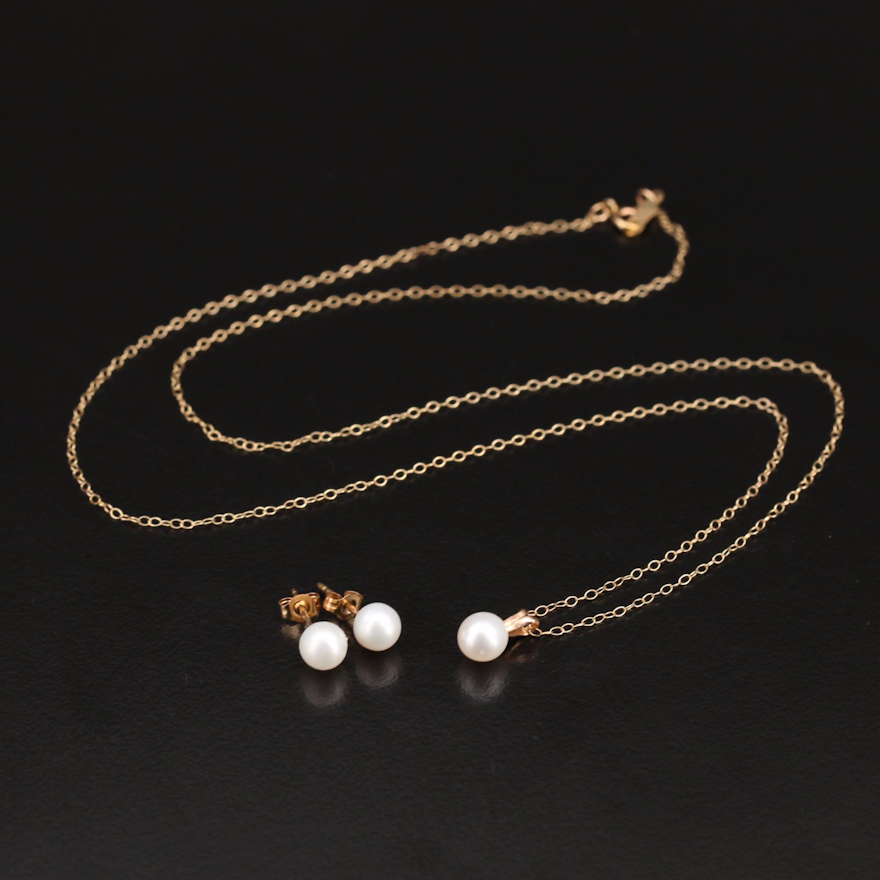 10K Pearl Pendant Necklace and Earring Set