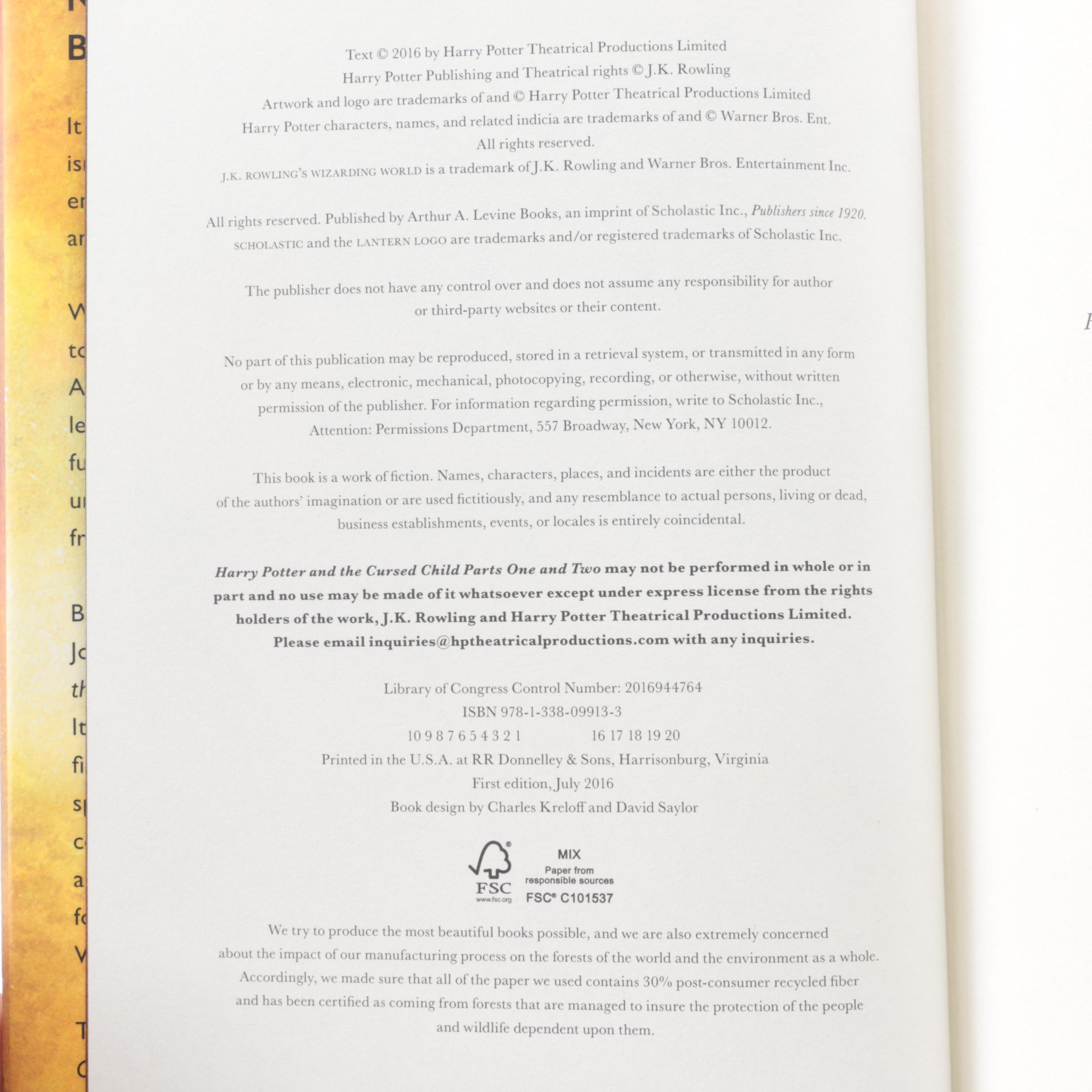 First American Edition "Harry Potter" Partial Series with "The Cursed Child"