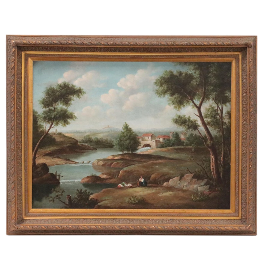 Continental School Style Landscape Oil Painting, Late 20th Century