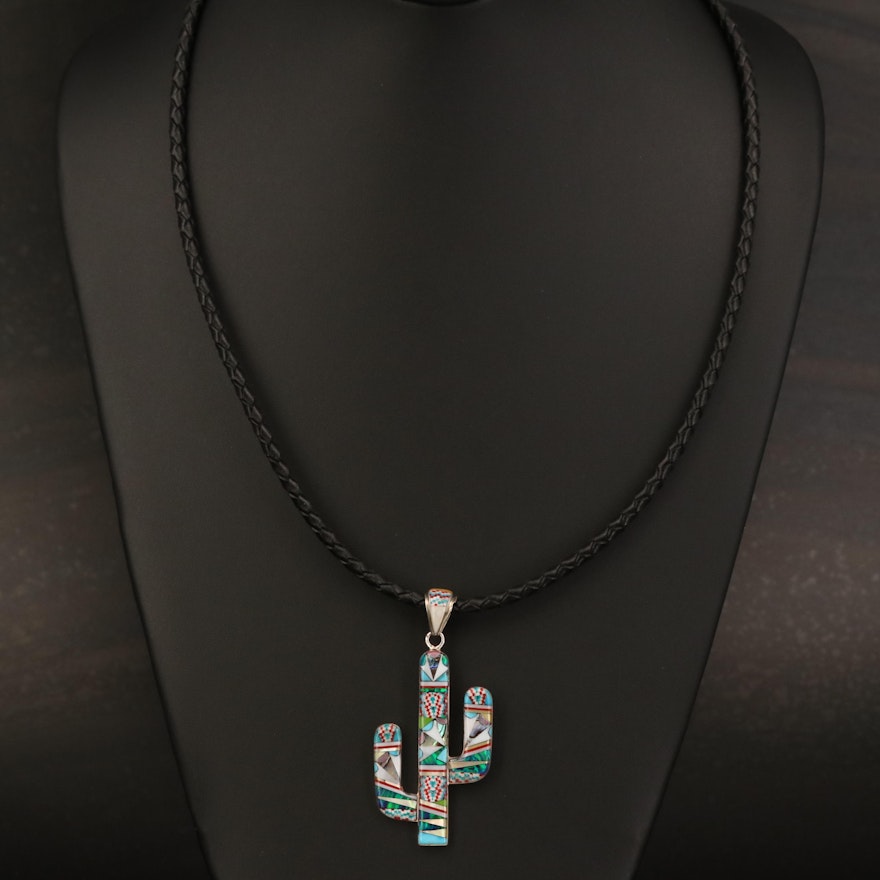 Sterling Cactus Pendant Necklace Including Abalone, Opal and Turquoise