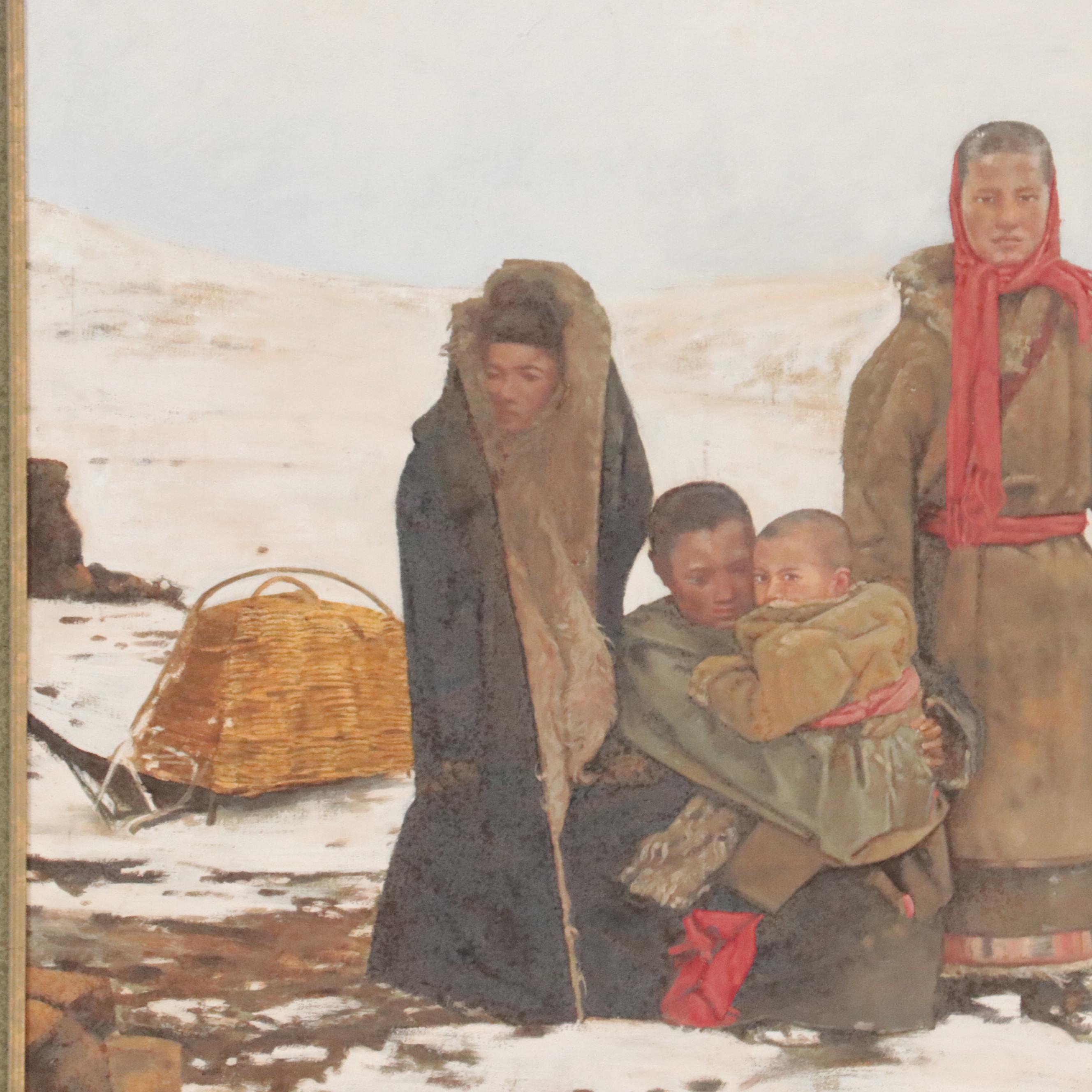 Ma Yuan Tibetan Family Portrait Oil Painting "Snowy Pasture," 1992
