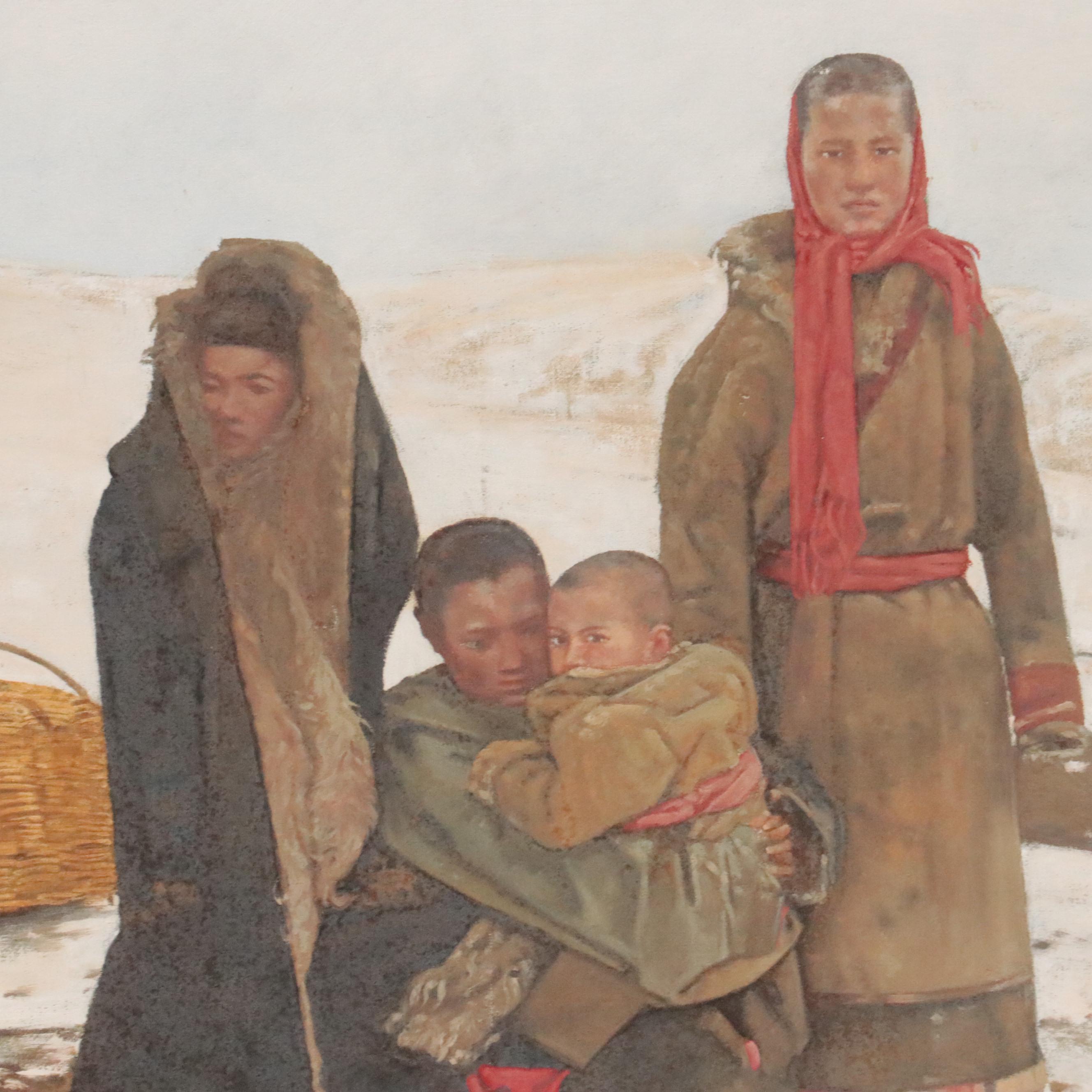 Ma Yuan Tibetan Family Portrait Oil Painting "Snowy Pasture," 1992