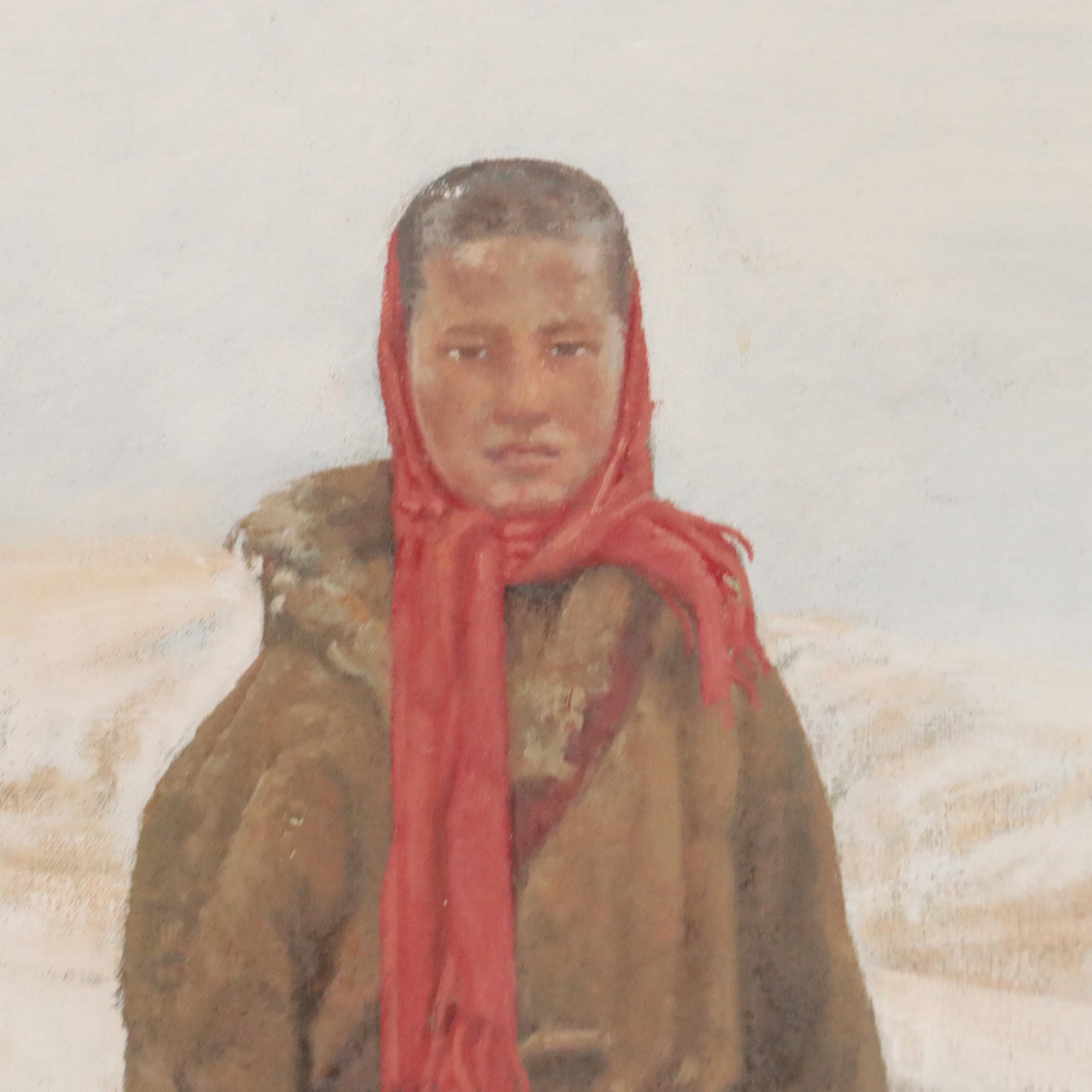 Ma Yuan Tibetan Family Portrait Oil Painting "Snowy Pasture," 1992