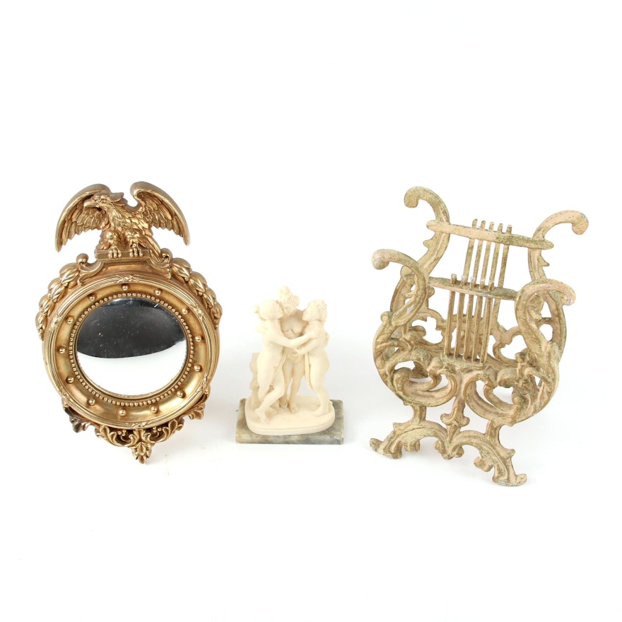 Syroco Federal Style Mirror, "The Three Graces" Figurine, and Magazine Rack