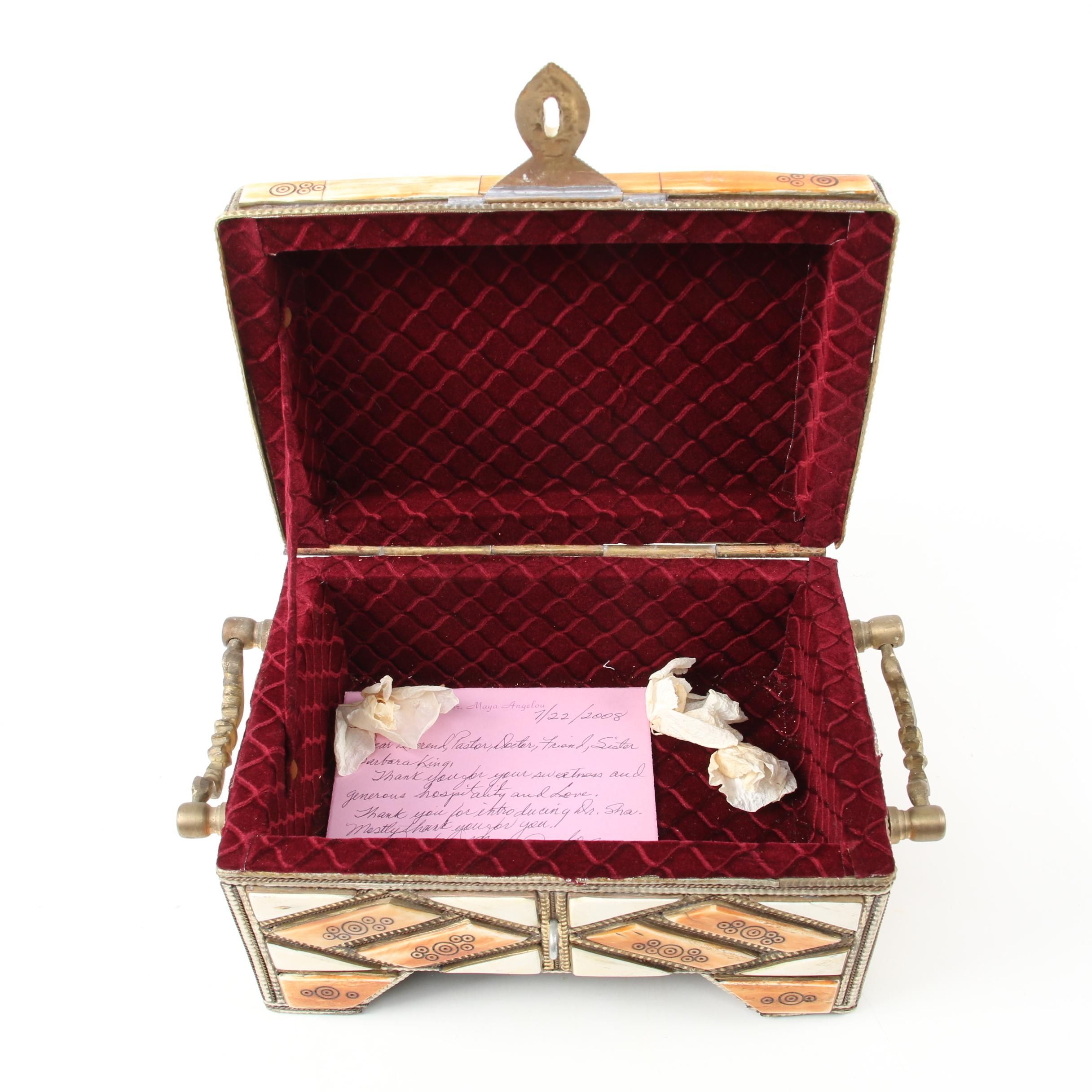 Moroccan Camel Bone Inlaid Jewelry Casket with Correspondence from Maya Angelou