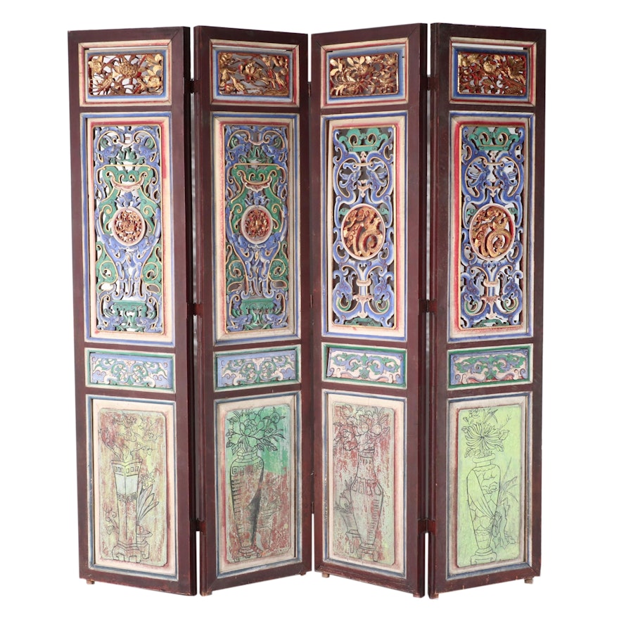 Monumental Chinese Polychrome-Decorated & Parcel-Gilt Four-Panel Folding Screen