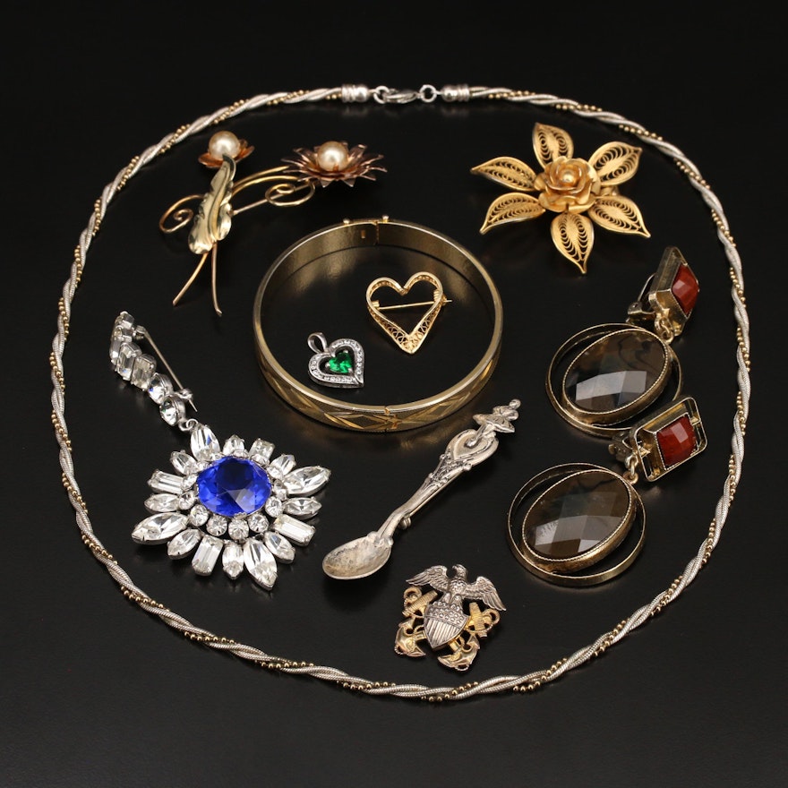 Jewelry Selection Including Rhinestone Brooch and Sterling