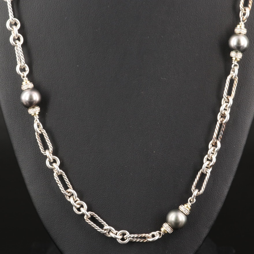 David Yurman Sterling Pearl and 1.22 CTW Diamond Necklace with 18K Accents
