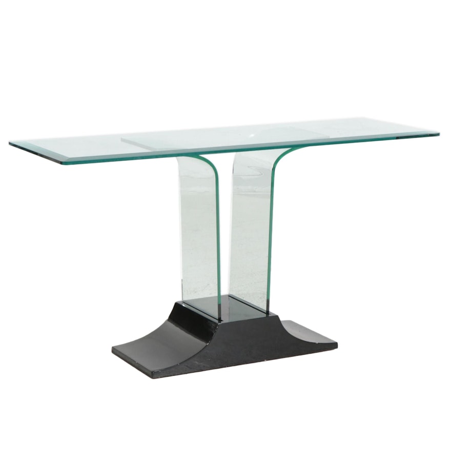 Contemporary Glass and Black Lacquered Wood Console Table