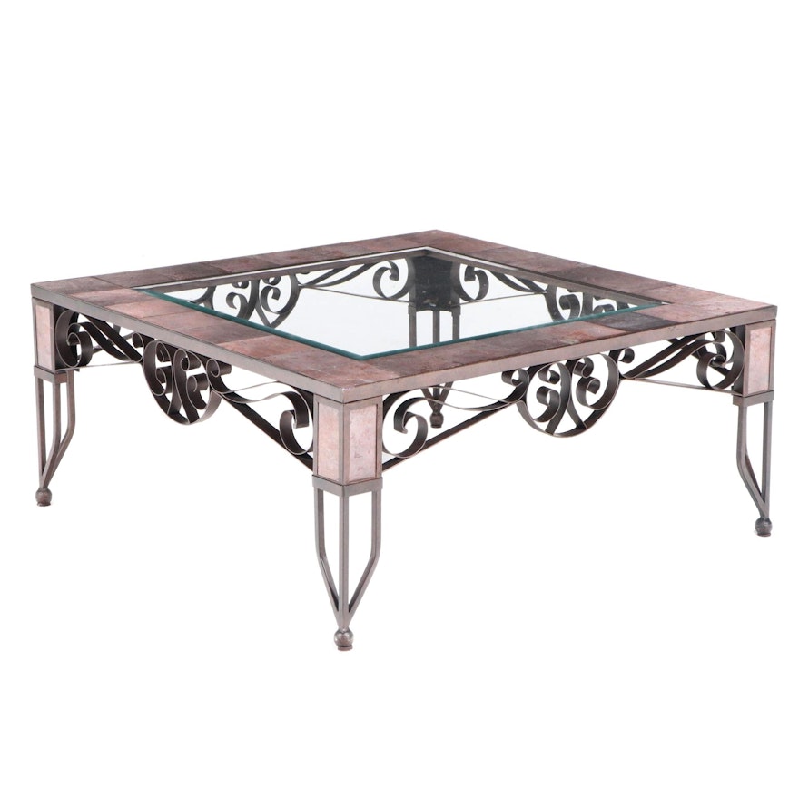 Bronzed Metal, Ceramic Tile, and Glass Top Patio Coffee Table