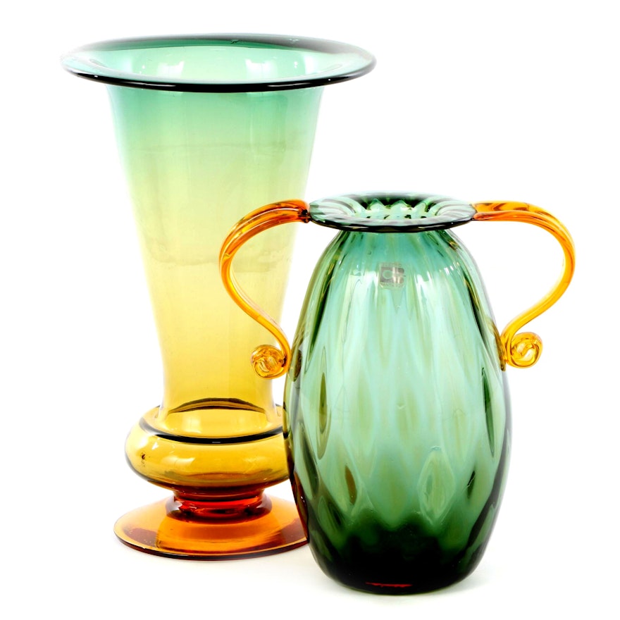 Blenko Handblown Green and Amber Art Glass Vase and Handled Vase
