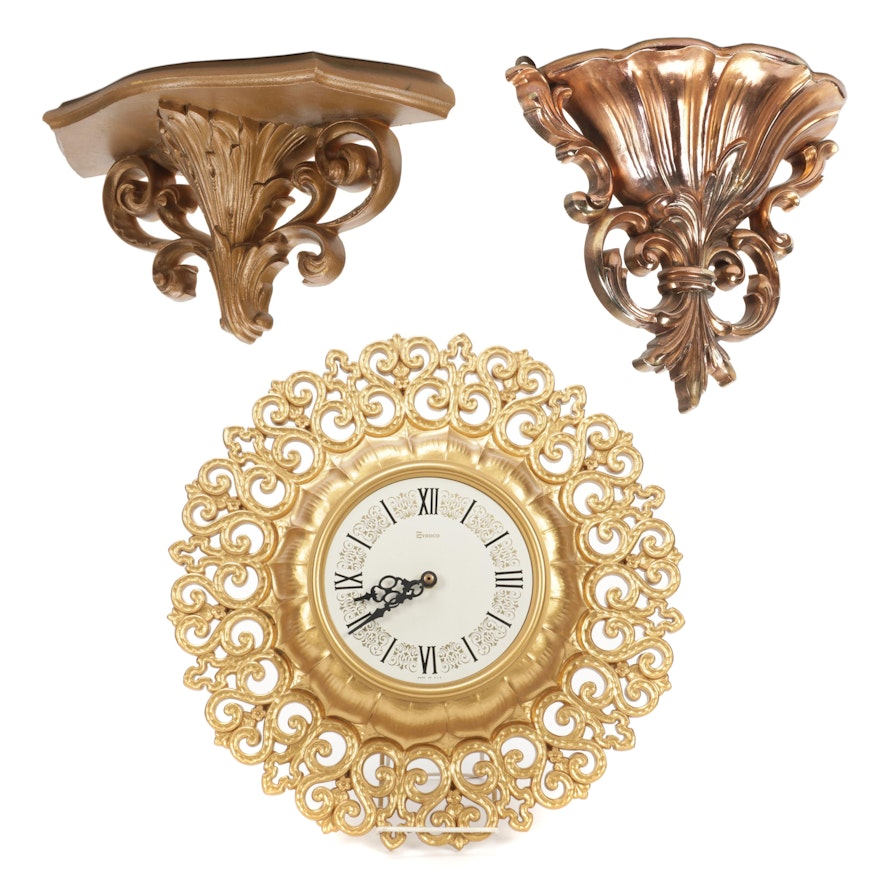 Syroco Rococo Style Gilt Wall Clock and Wall Sconces, Mid-20th Century