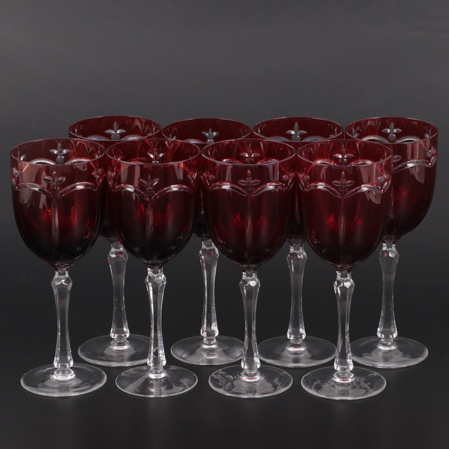 Hungarian Ruby Cut to Clear Crystal Wine Glasses