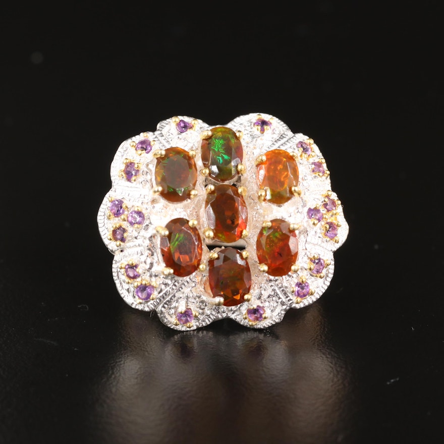 Sterling Silver Opal and Amethyst Ring with Scalloped Edge