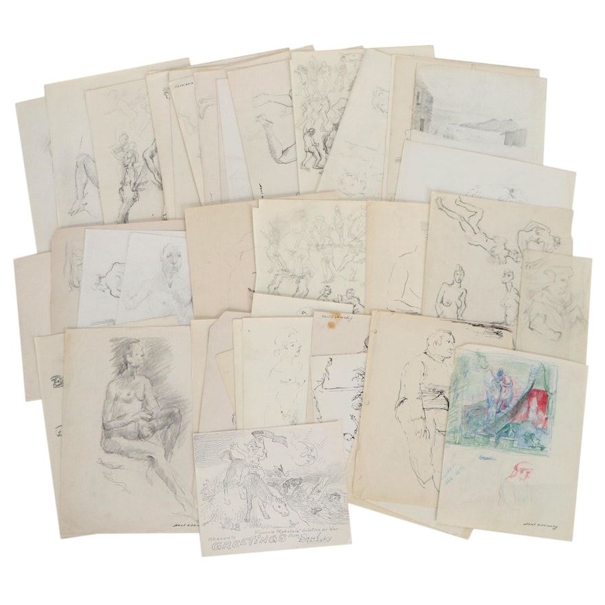 Saul Lishinsky Figural Mixed Media Drawings, Mid-Late 20th Century