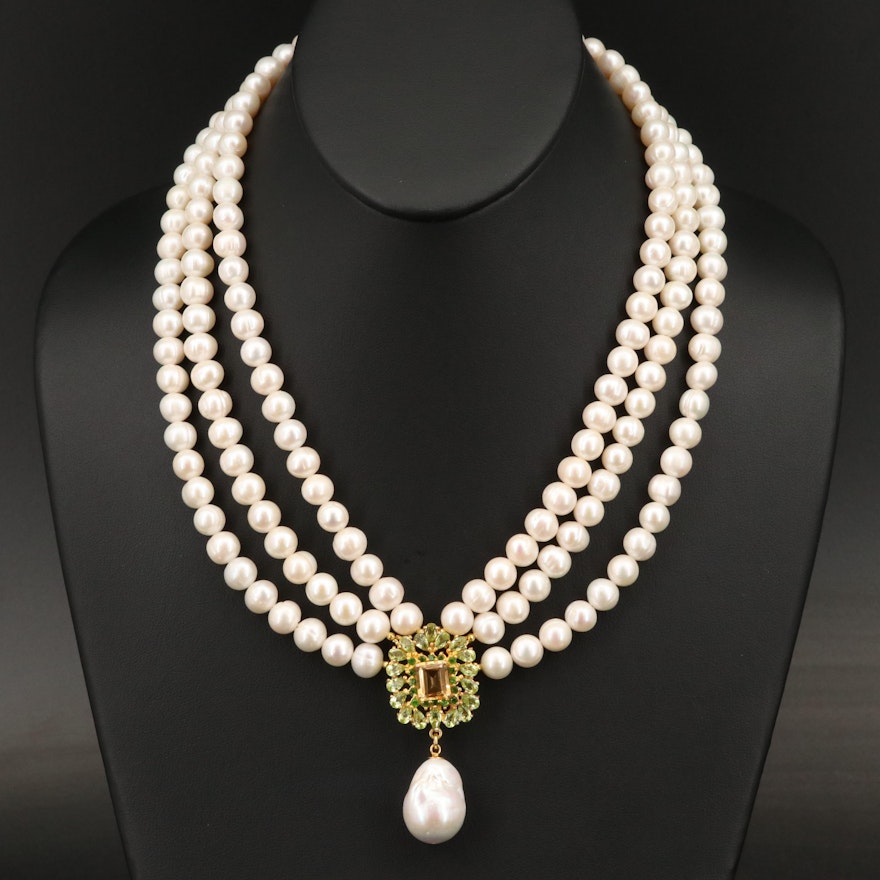 Sterling Pearl, Citrine and Diopside Festoon Necklace