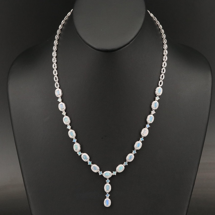 Sterling Silver Opal and Cubic Zirconia 'Y' Necklace