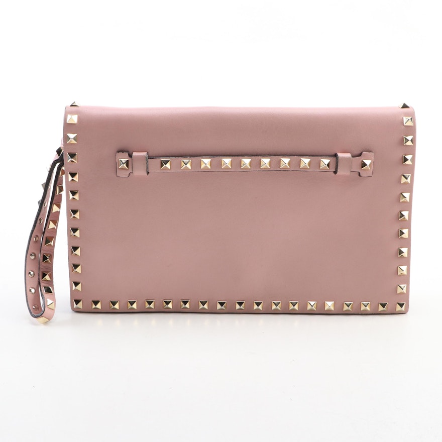 Valentino Rockstud Flap Clutch in Pink Smooth Leather