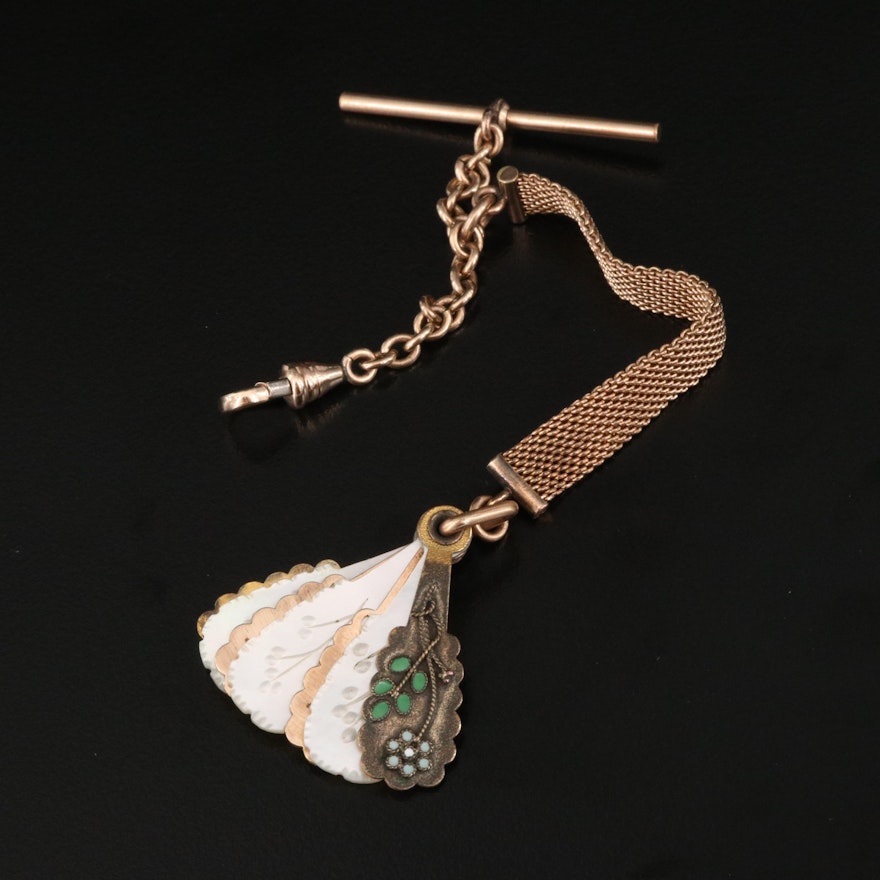 Antique Watch Fob with Carved Mother of Pearl and Enamel Dance Card Fan