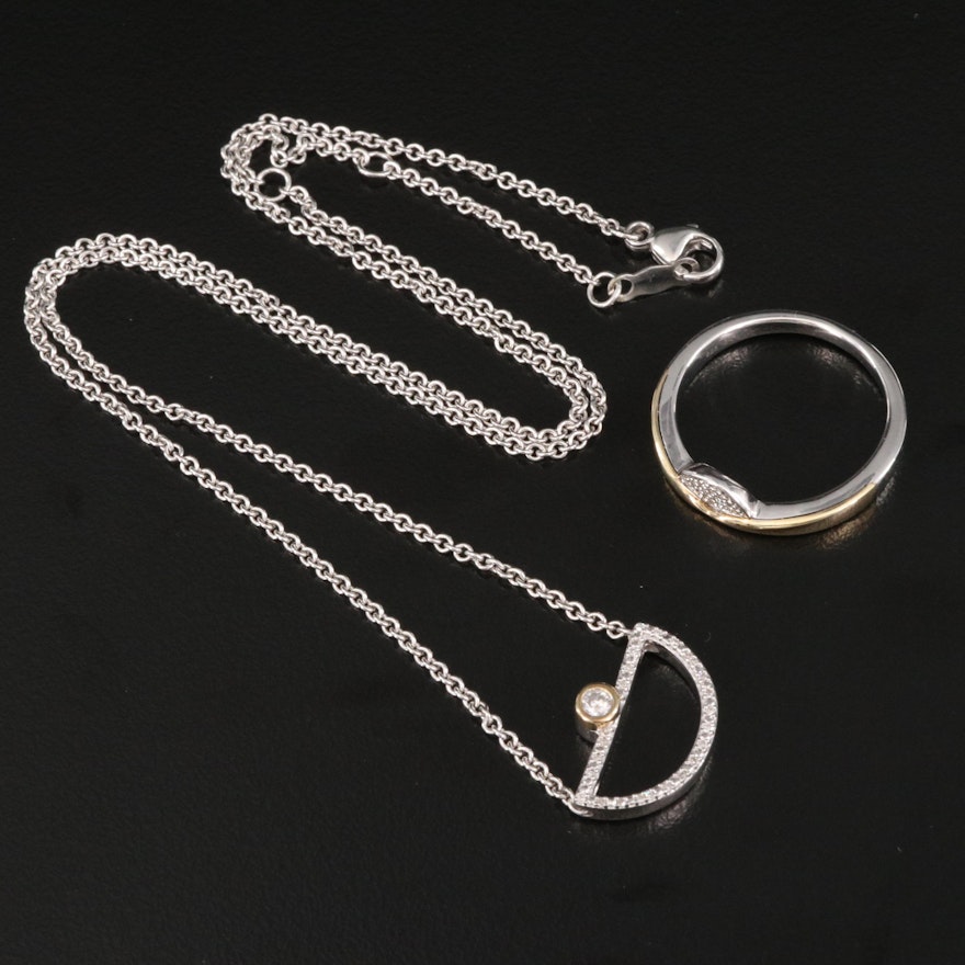 Sterling Silver Diamond Pendant Necklace and Ring with 10K Accents