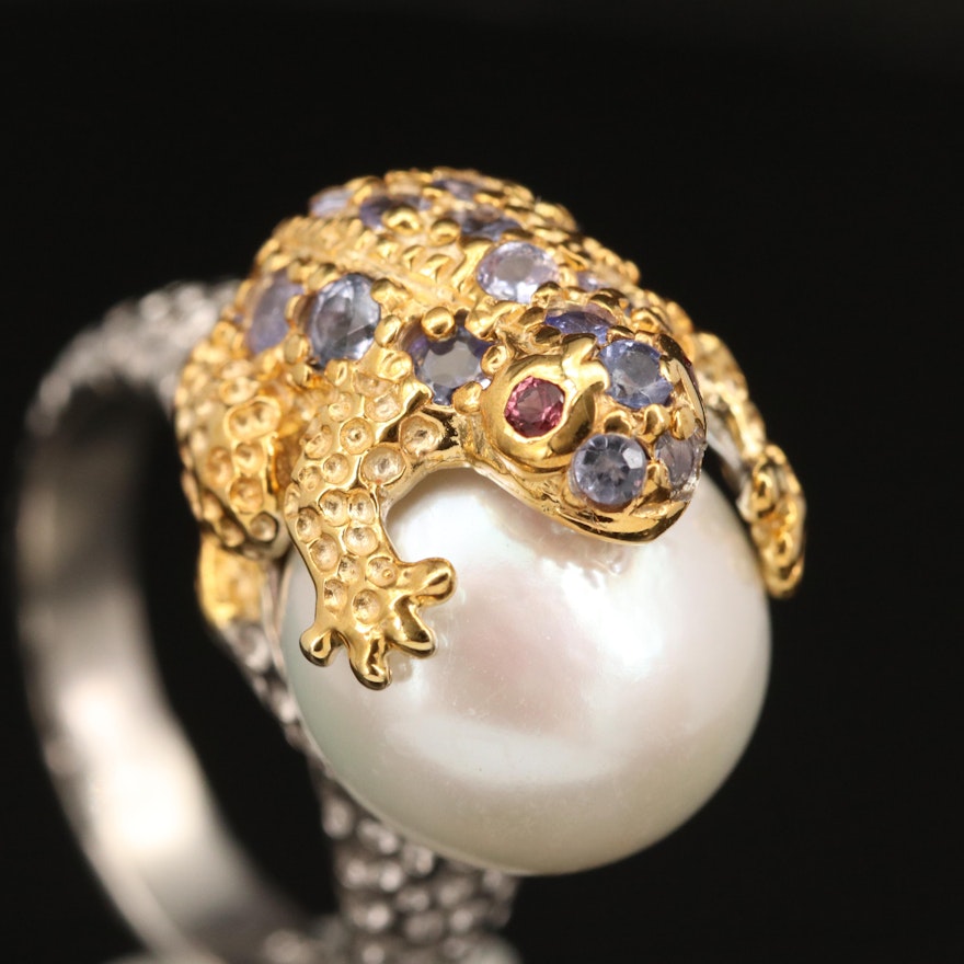 Sterling Pearl, Tanzanite and Sapphire Toad Ring