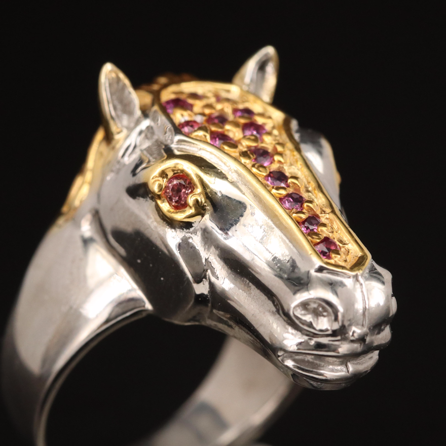 Sterling Horse Head Ring with Garnet and Sapphire Accents