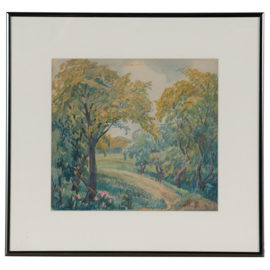 Charles Biesel Landscape Watercolor Painting of Springtime Forest