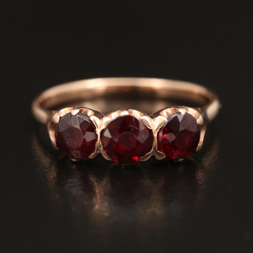 Victorian 14K Three Stone Ring with Garnet and Garnet Glass Doublet