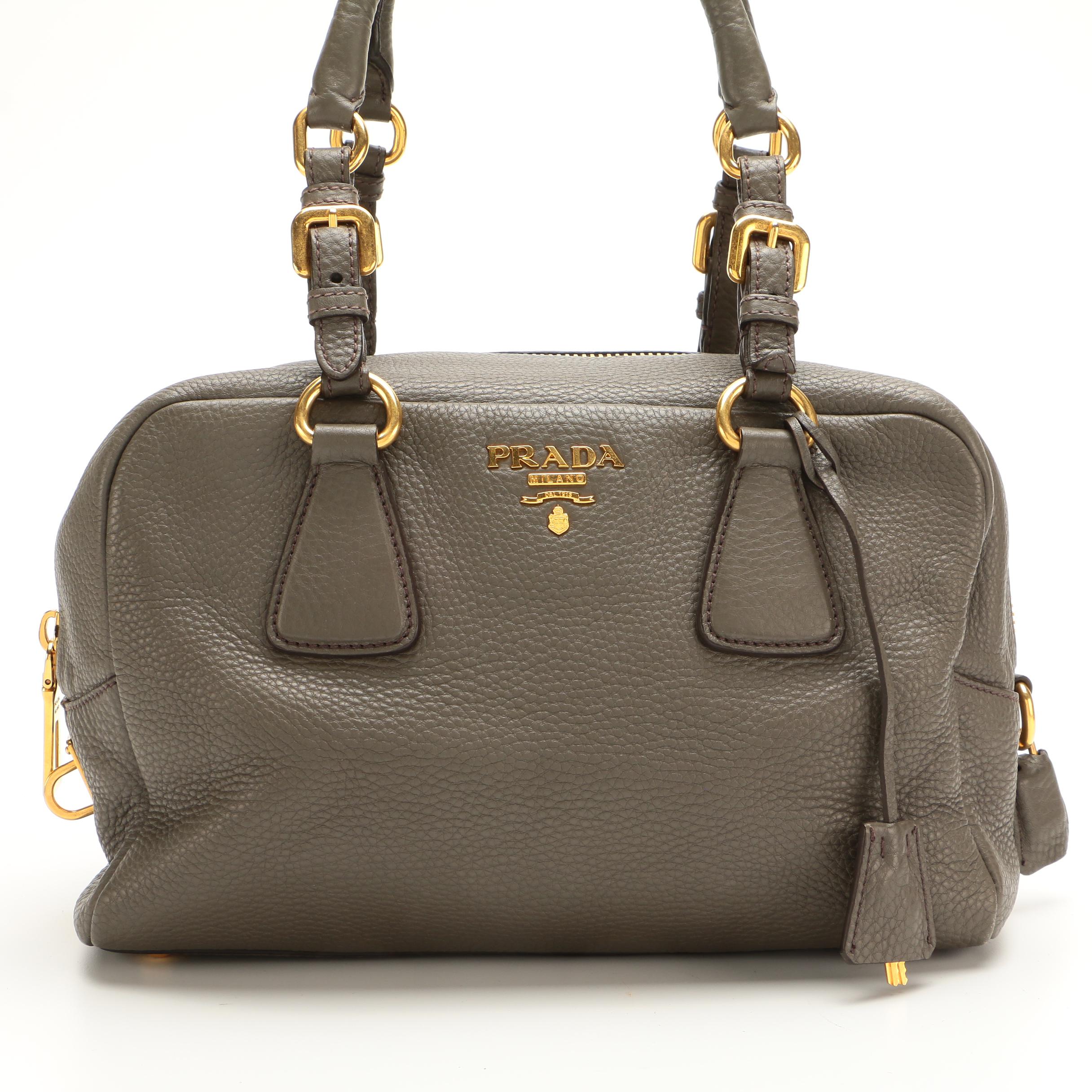 Prada Gray Pebbled Leather Shoulder Bag