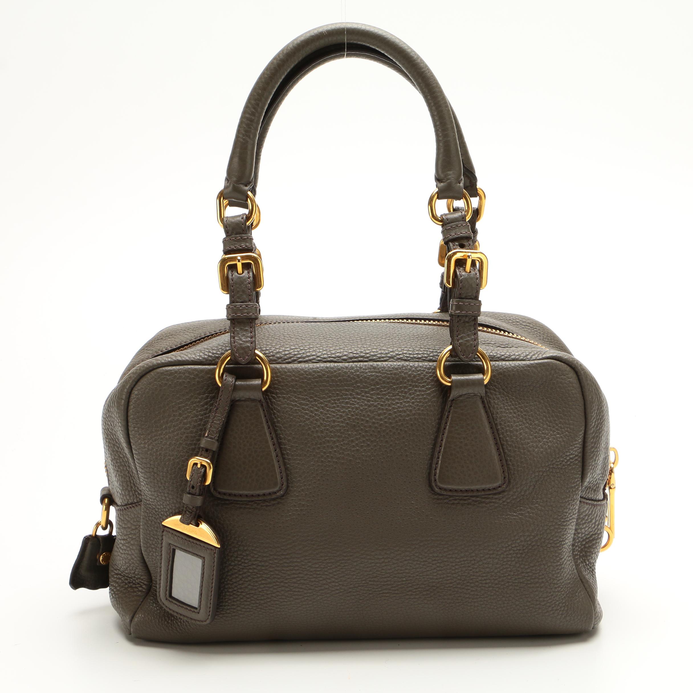 Prada Gray Pebbled Leather Shoulder Bag