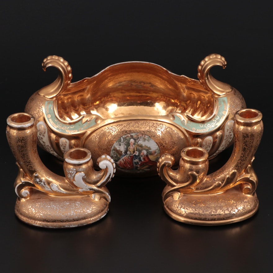 Le Mieux Gold Encrusted Porcelain Centerpiece Bowl and Candlesticks